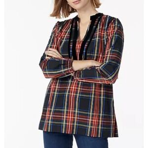 J.Crew Plaid Tunic Top‎ Small Black Red Velvet Trim Long Sleeve Preppy Classic